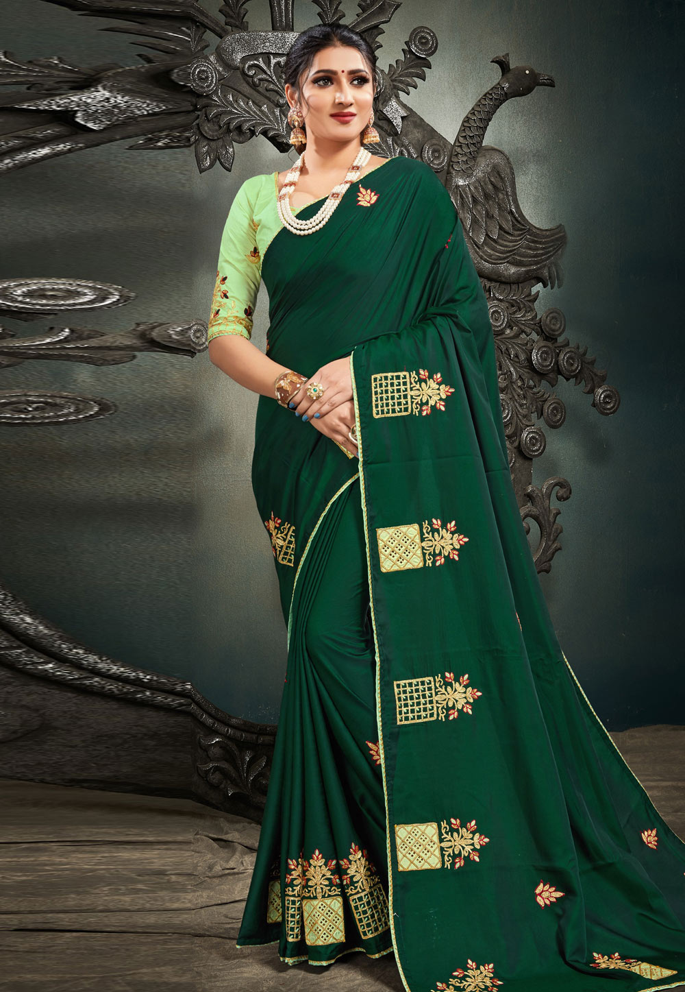 Green Satin Silk Saree With Blouse 220890