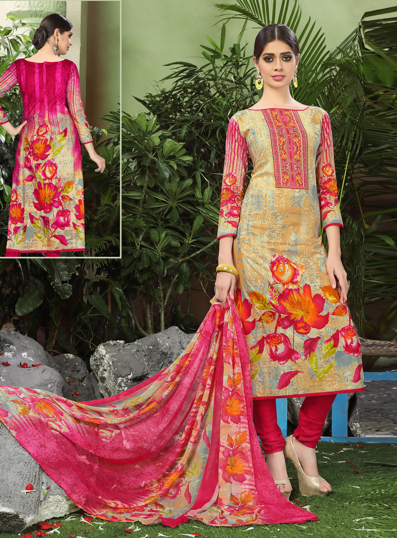 Beige Cambric Cotton Pakistani Style Suit 127298