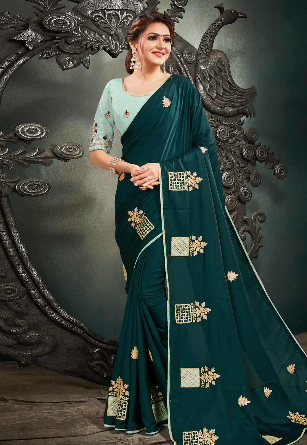 Teal Satin Silk Saree With Blouse 220892