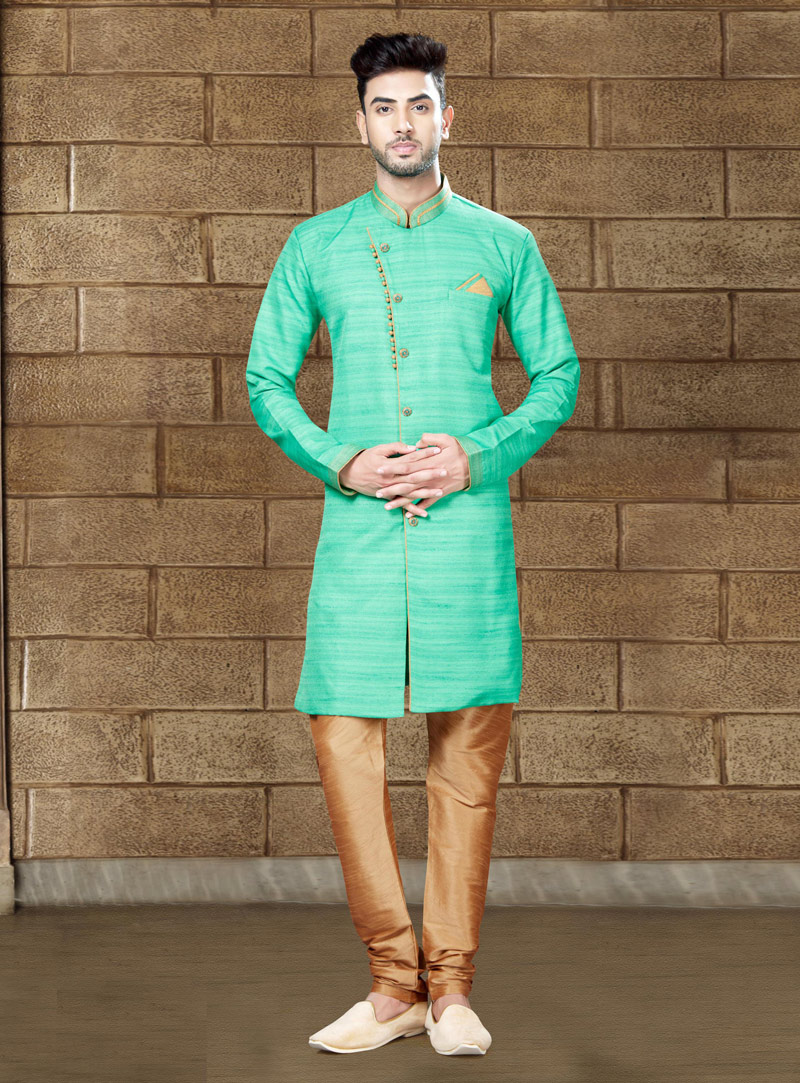 Turquoise Silk Indo Western Suit 124887
