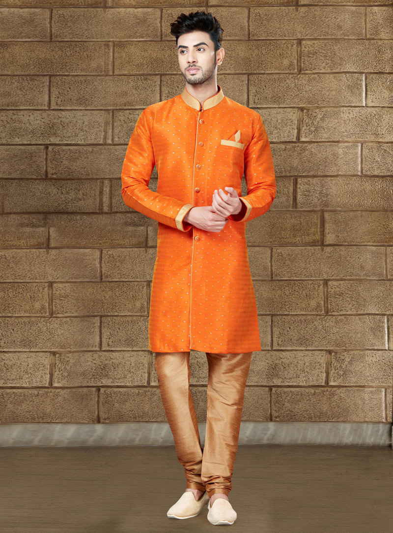 Orange Silk Indo Western Suit 124890