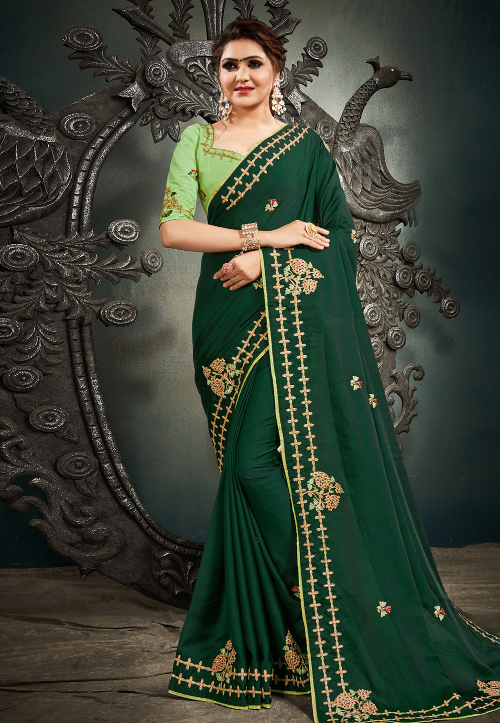 Green Satin Silk Saree With Blouse 220894
