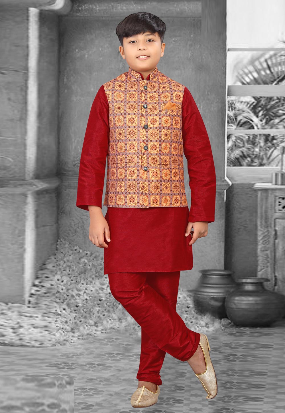 Enhance Your Style with our Red Color Jacquard Party Wear Kurta Pajama with  Jacket for Men.