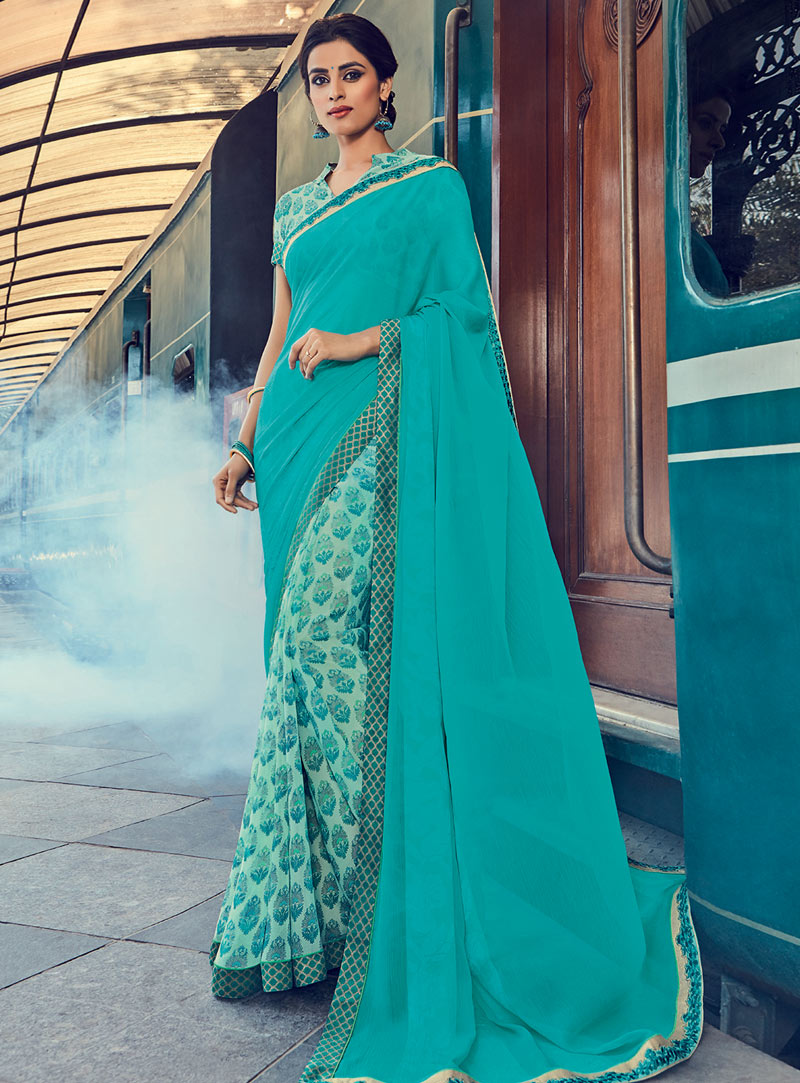 Teal Georgette Printed Saree With Blouse 85987