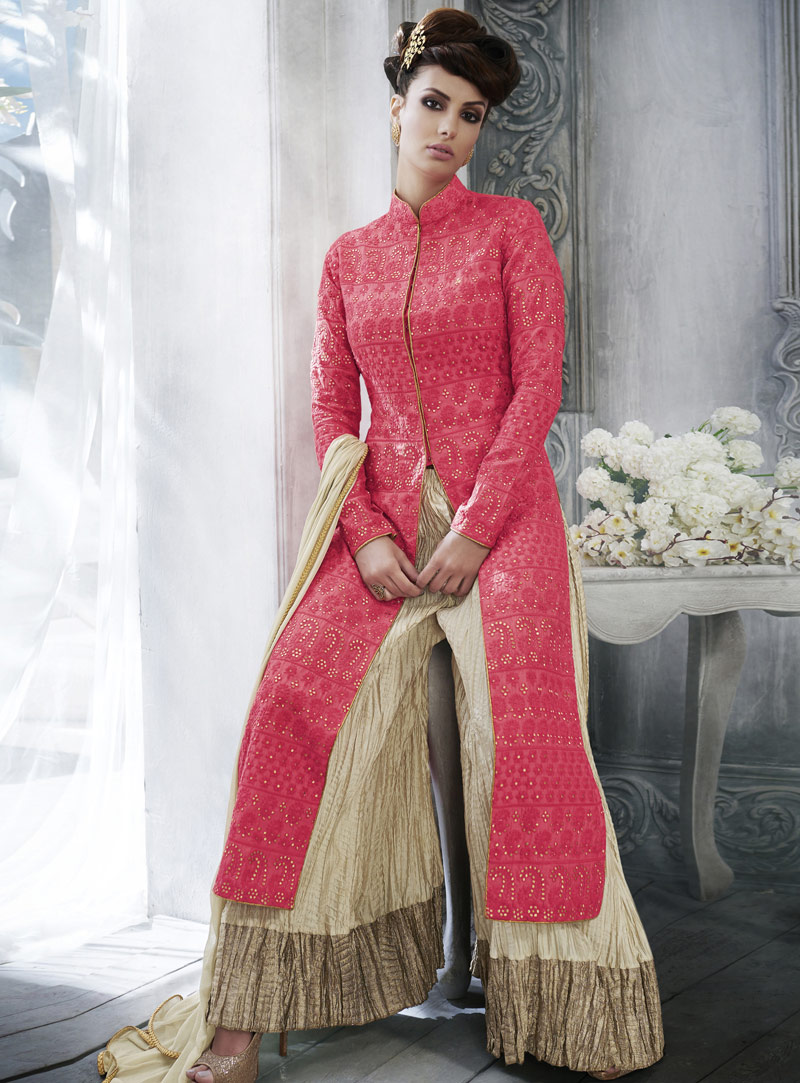 Pink Tussar Silk Palazzo Style Suit 90888