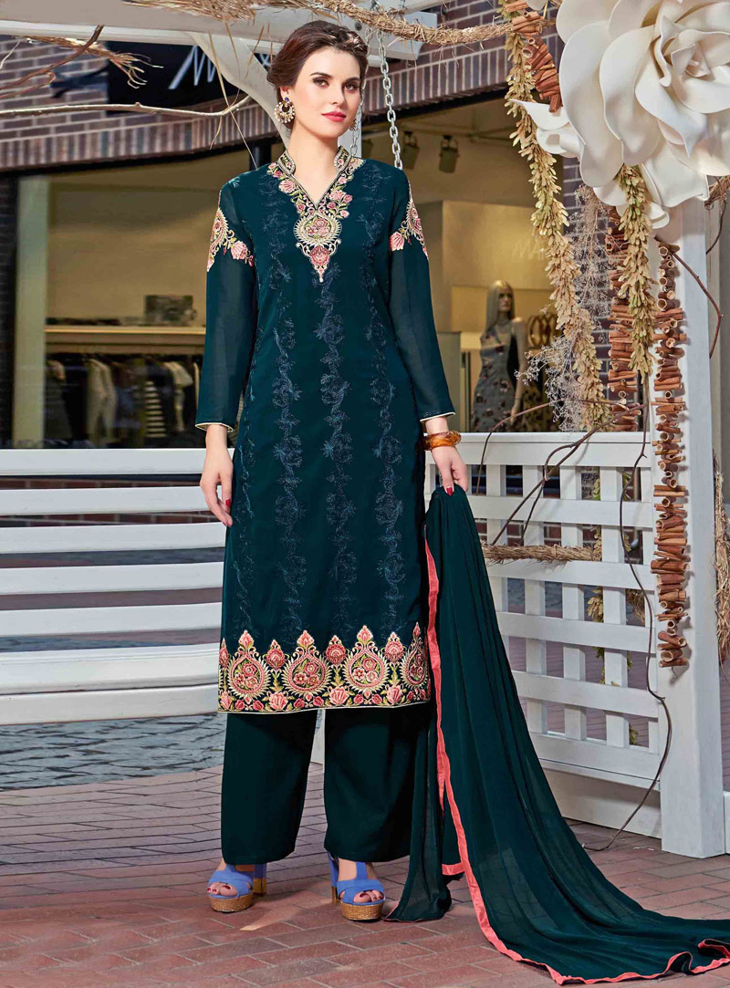 Teal Georgette Pakistani Style Suit 127669