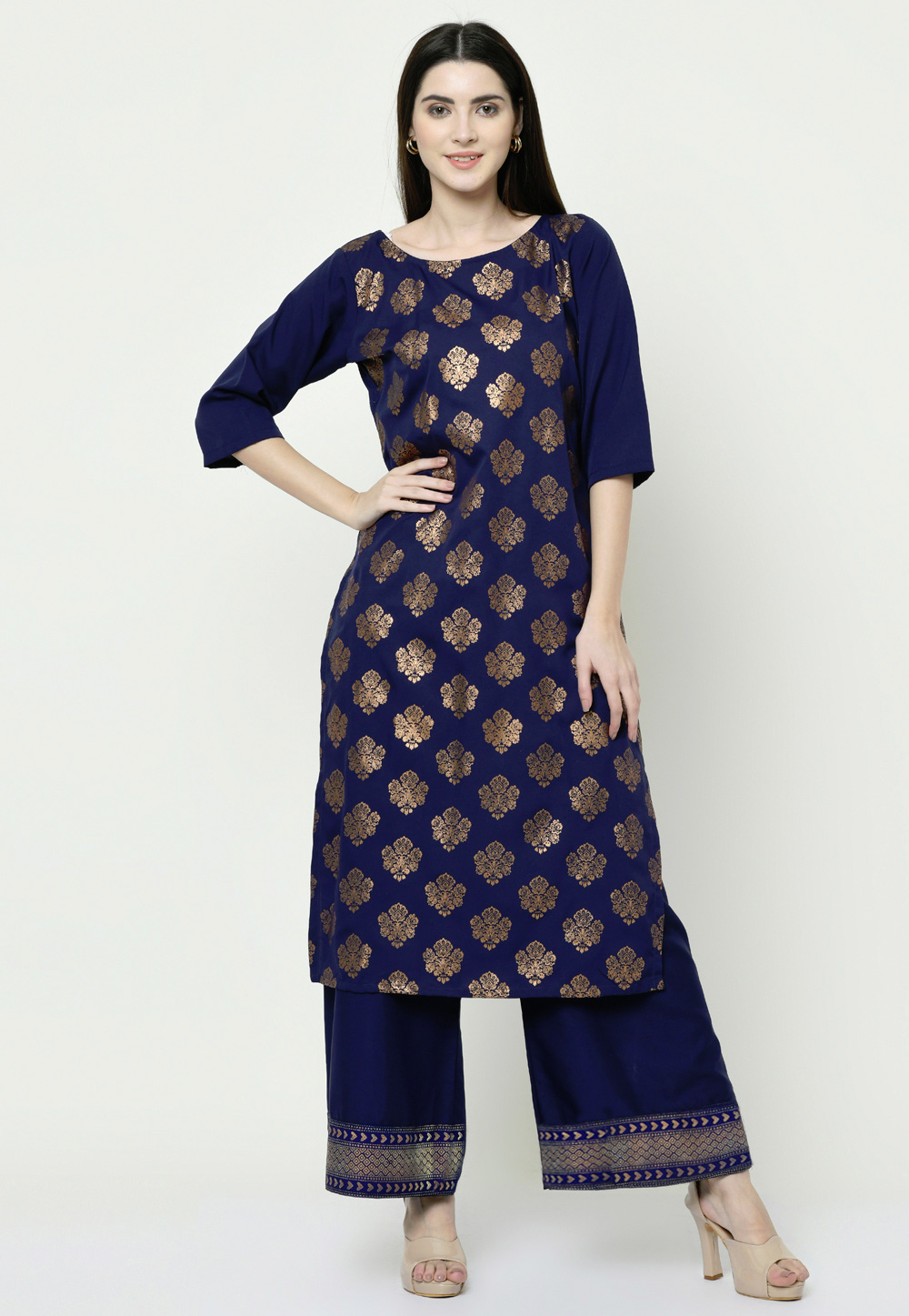 Navy Blue Crepe Readymade Palazzo Suit 205793