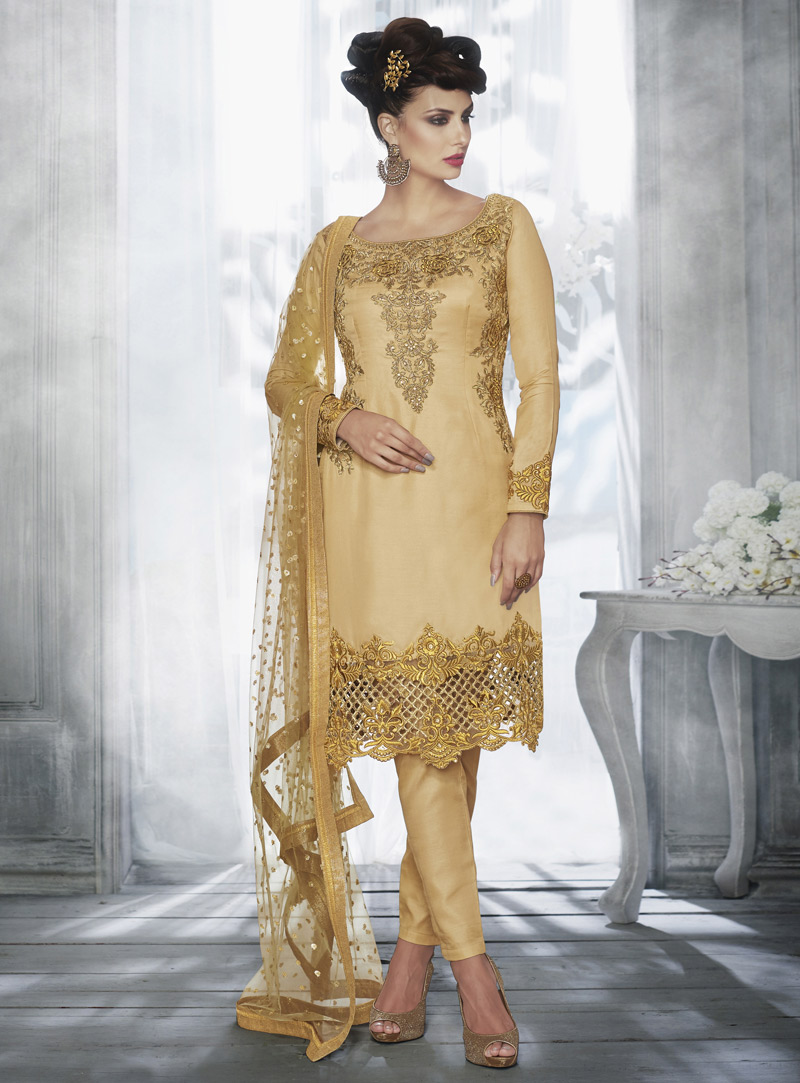 Beige Tussar Silk Pant Style Suit 90890