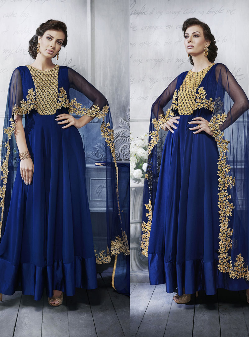 Navy Blue Georgette Ankle Length Anarkali Suit With Cape 90891
