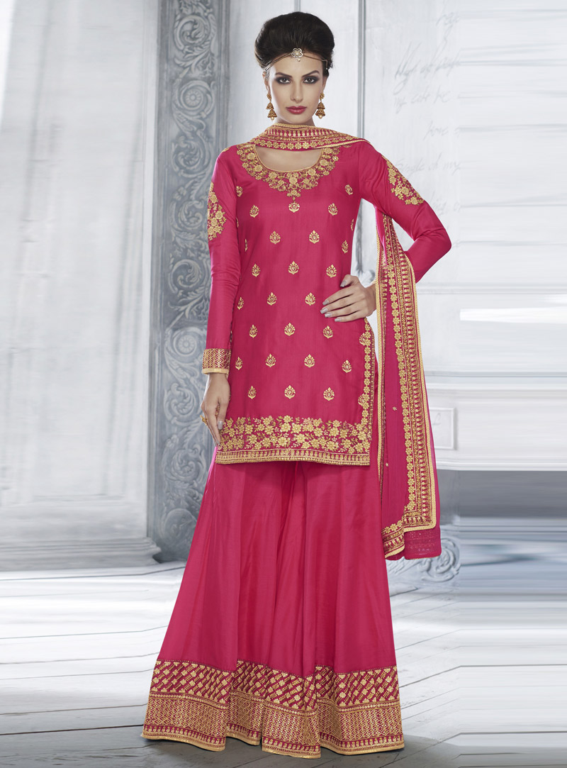 Pink Tussar Silk Palazzo Style Suit 90892