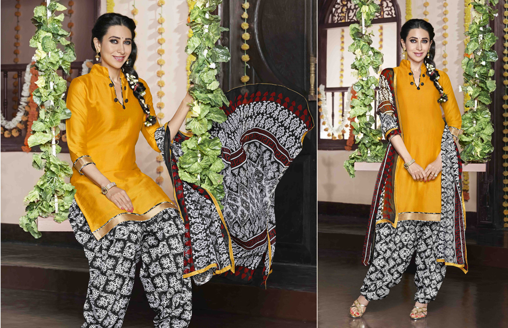Karisma Kapoor Yellow Cotton Satin Punjabi Suit 47609