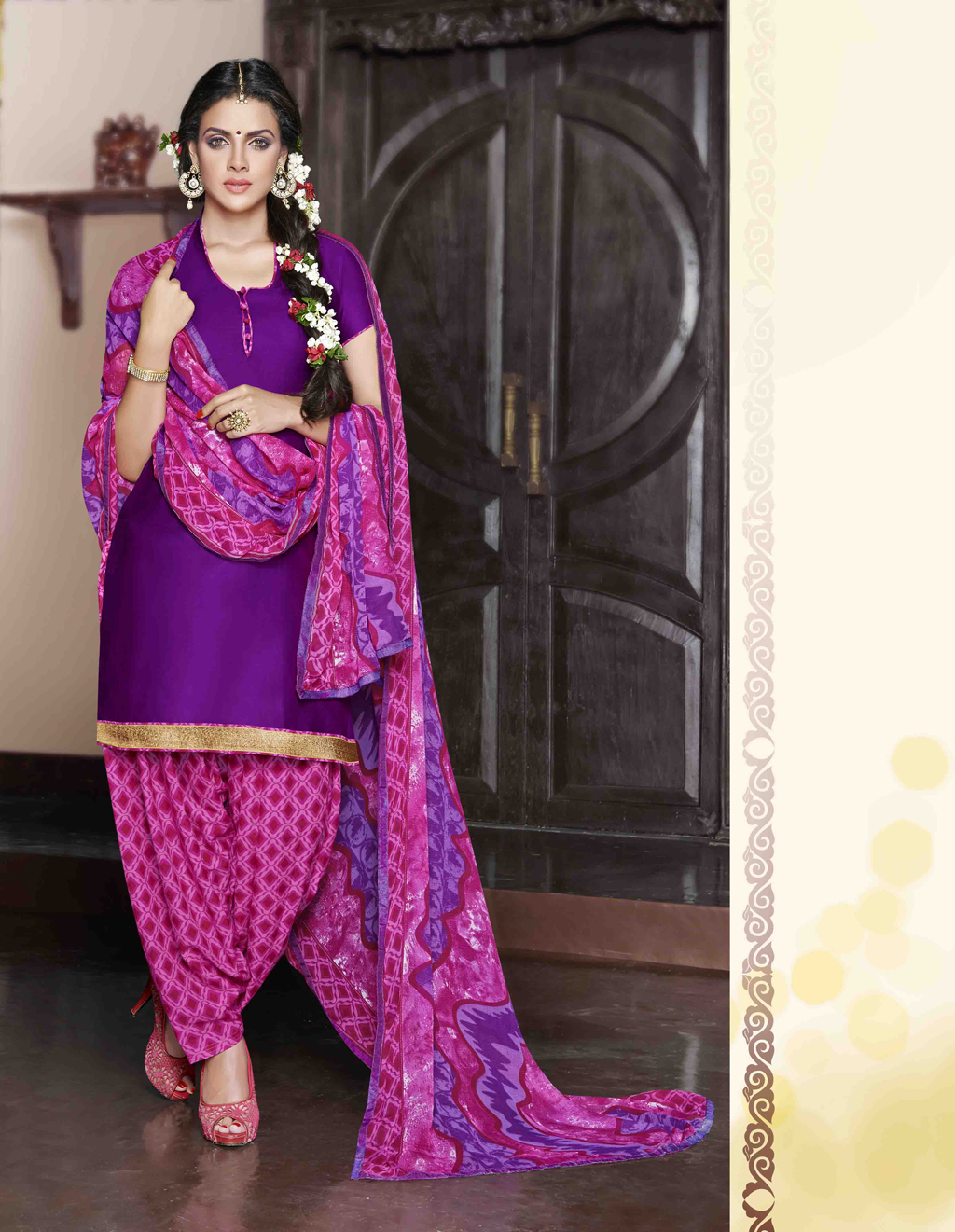 Violet Cotton Satin Punjabi Suit 47610
