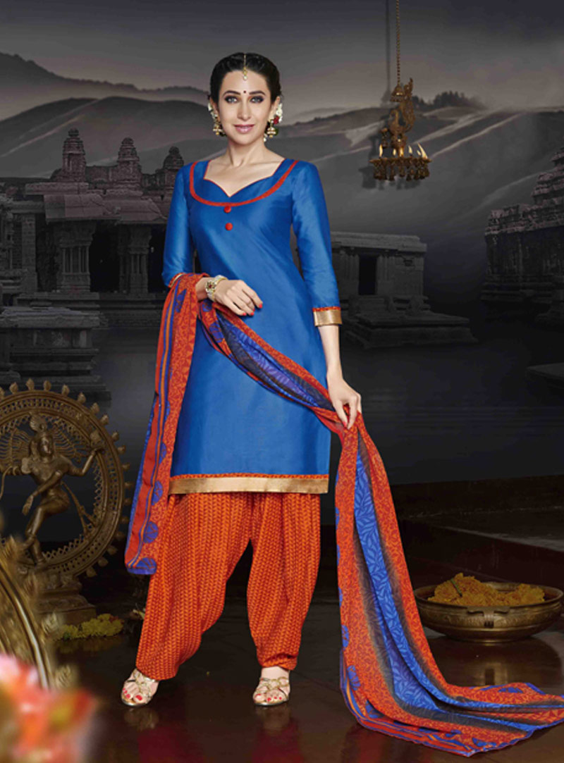 Karisma Kapoor Blue Cotton Satin Punjabi Suit 47612