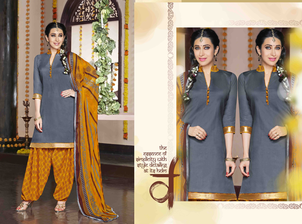Karisma Kapoor Grey Cotton Satin Punjabi Suit 47623