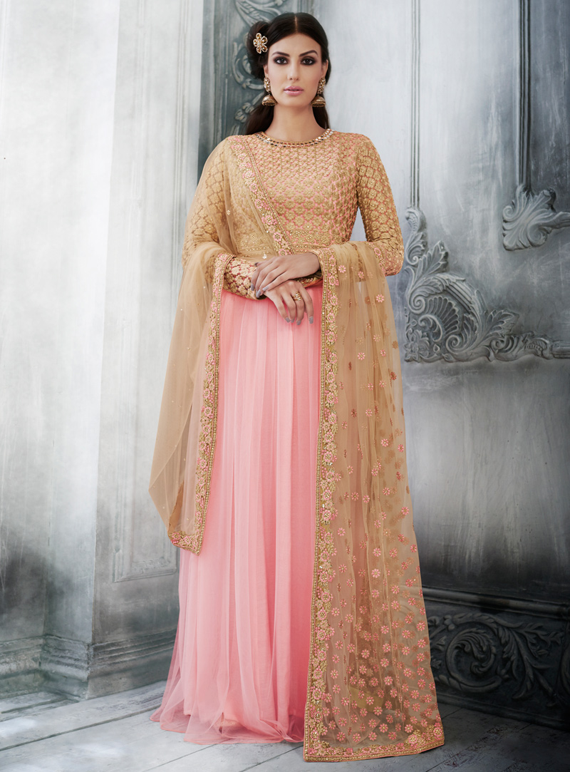 Light Pink Net Floor Length Anarkali Suit 104590