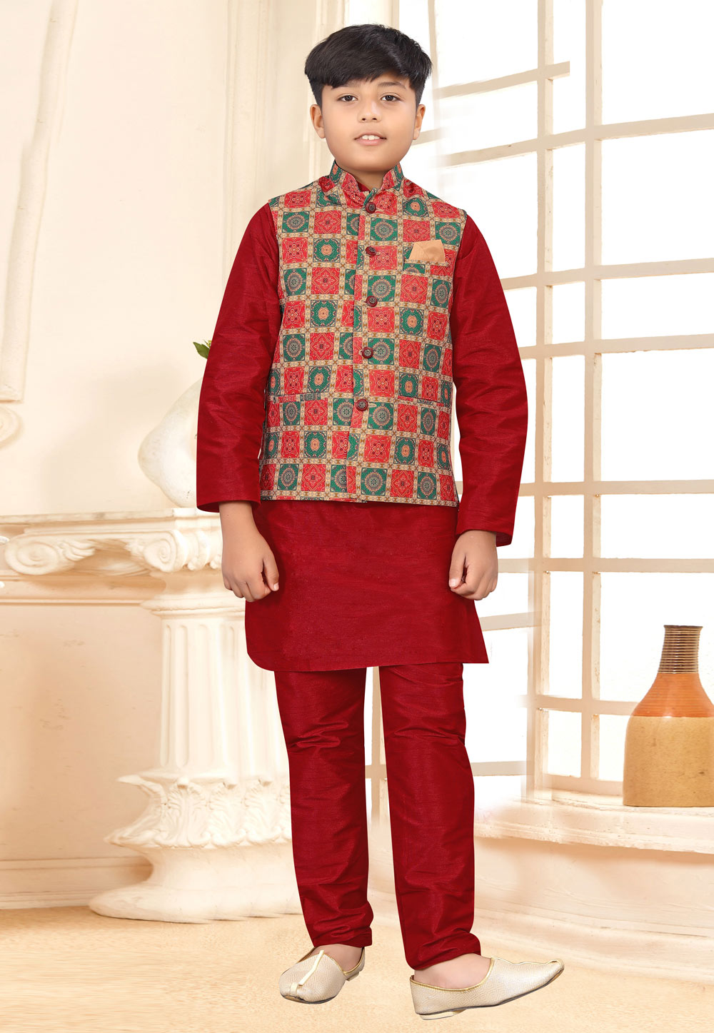 Red Silk Kids Kurta Pajama With Jacket  260985
