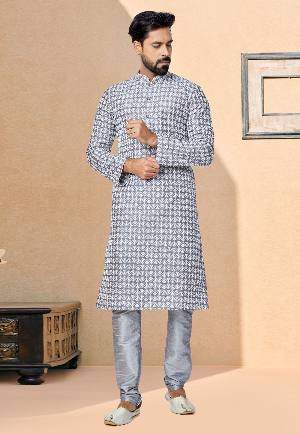 Grey Cotton Silk Kurta Pajama 259502
