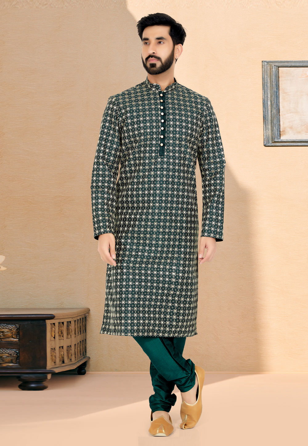Green Cotton Silk Kurta Pajama 259504