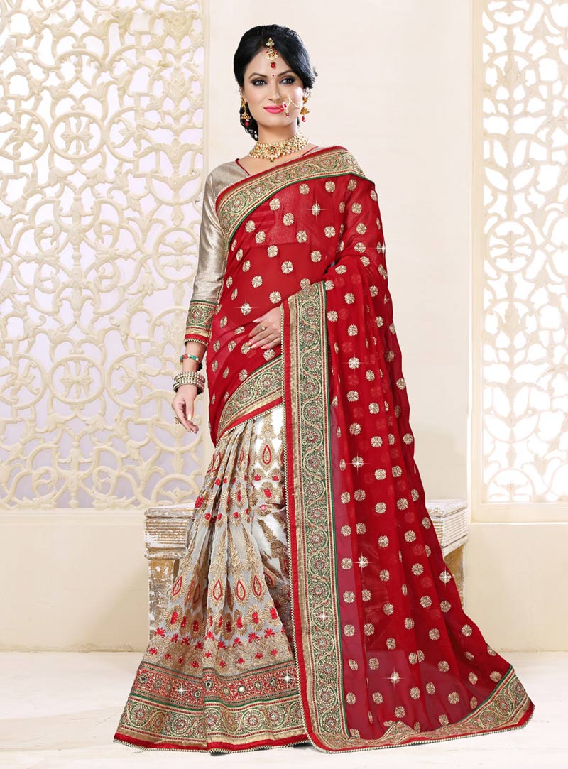 Red Georgette Half and Half Saree With Blouse 67819