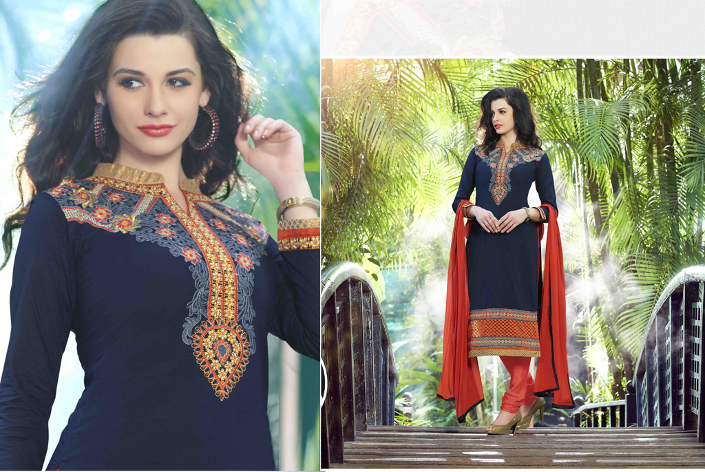 Navy Blue Cotton Embroidery Churidar Suit 48039