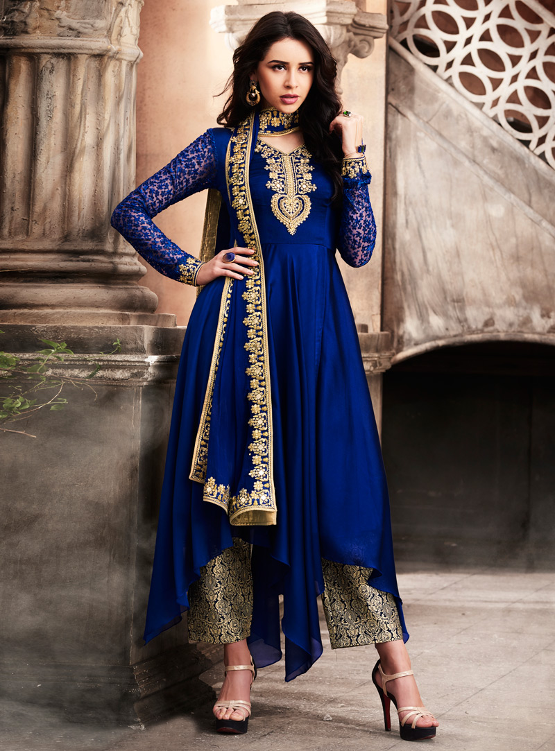 Navy Blue Silk Pakistani Style Suit 116764