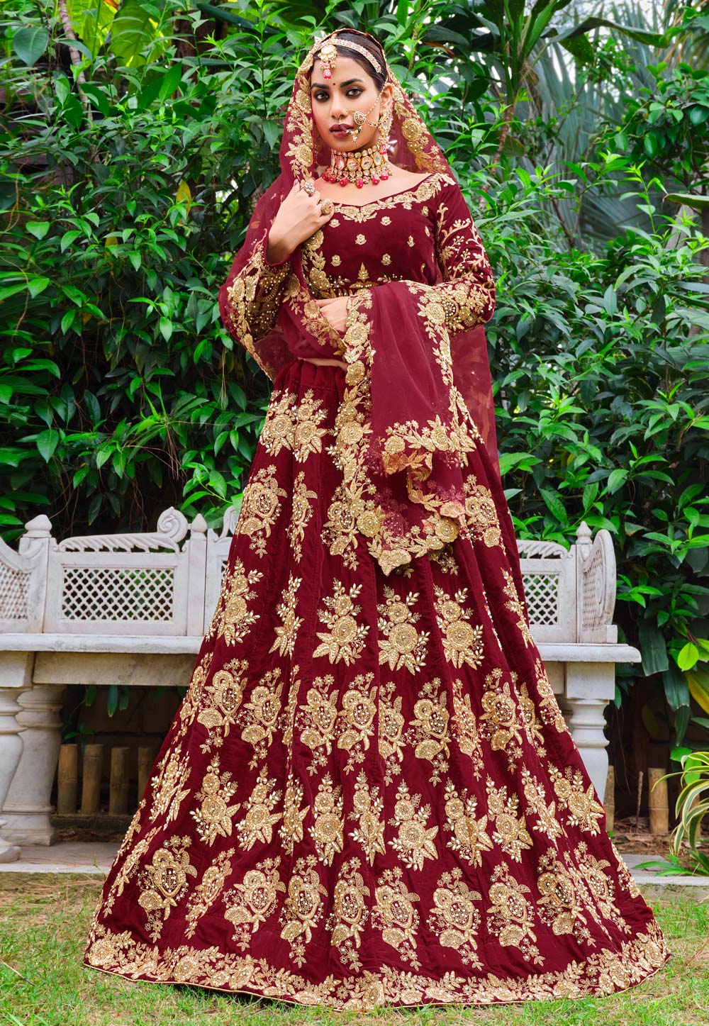 Maroon Velvet Circular Lehenga Choli 263086