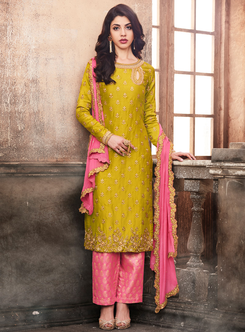 Olive Green Silk Pant Style Suit 116768