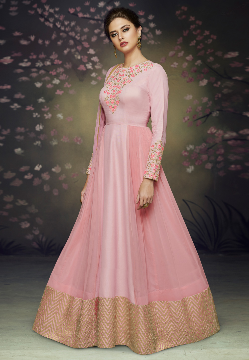 Pink Satin Readymade Long Anarkali Suit 153987