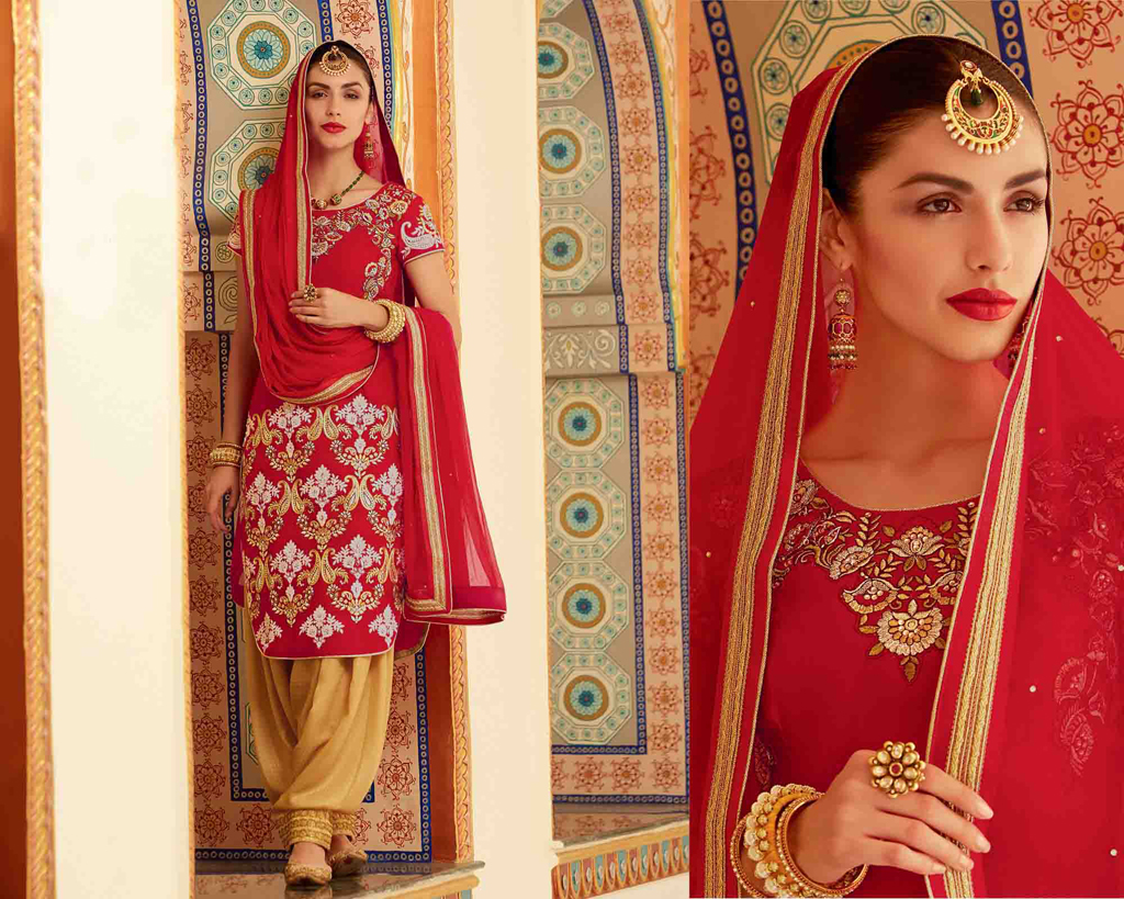 Red Silk Embroidery Punjabi Suit 48076