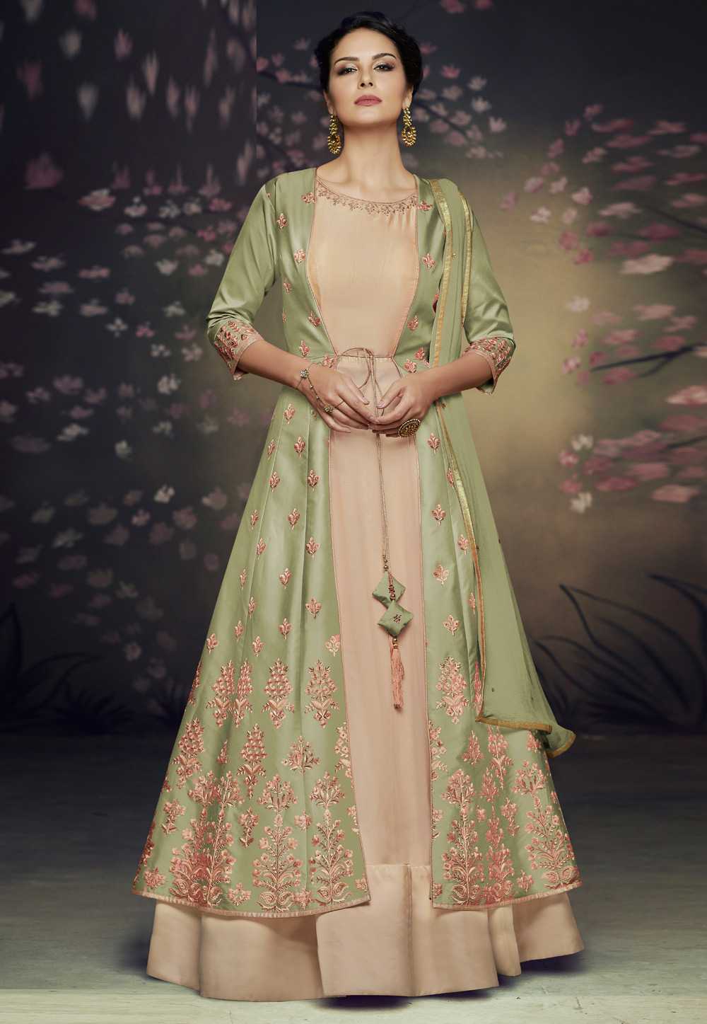 Green Silk Anarkali Suit With Jacket 188993