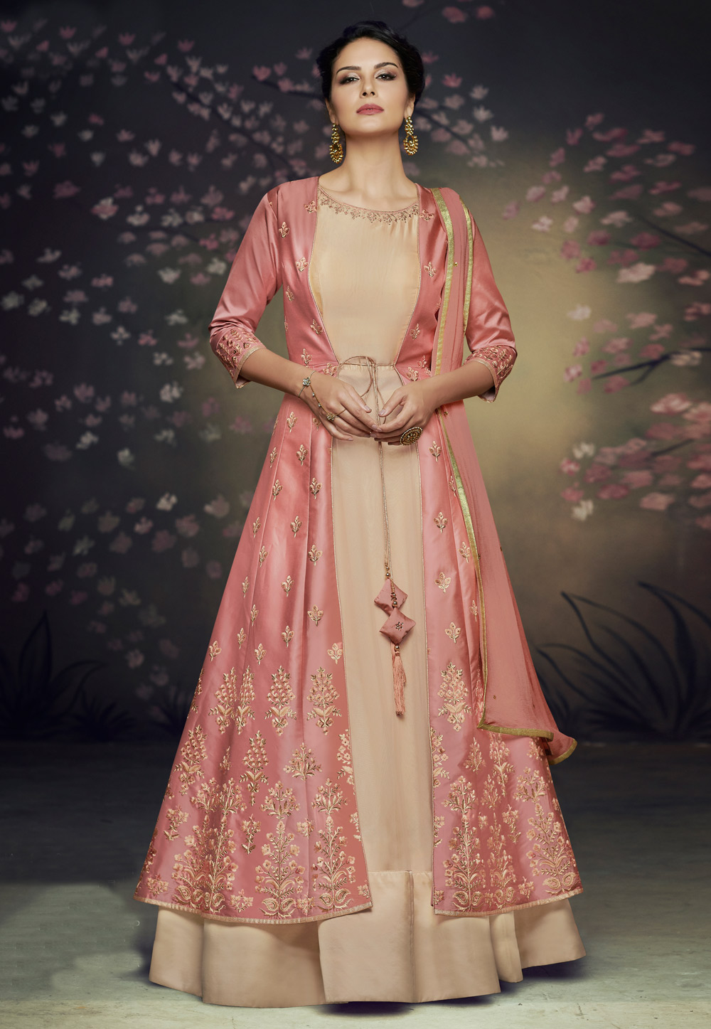 Pink Net Readymade Jacket Style Anarkali Suit 153989