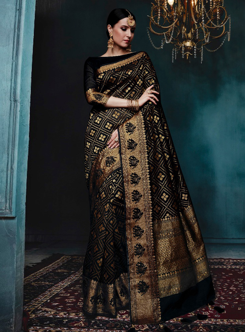 Black Banarasi Silk Saree With Blouse 130949