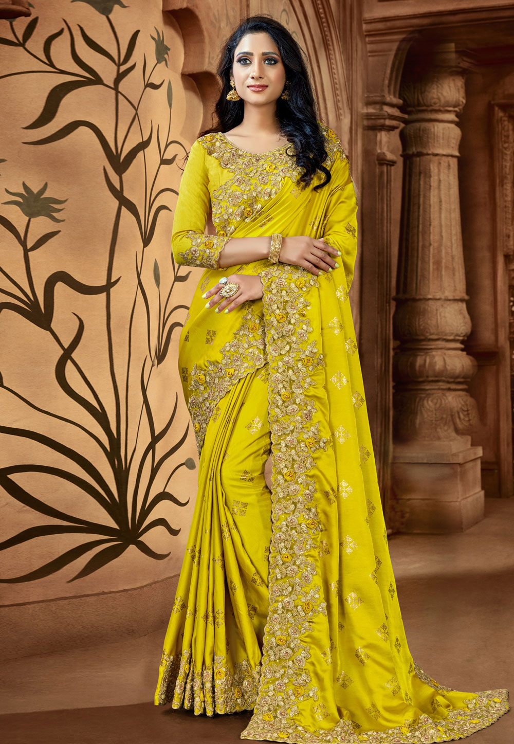 Yellow Satin Saree With Blouse 220838