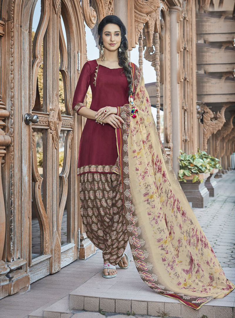 Maroon Cotton Punjabi Suit 126216