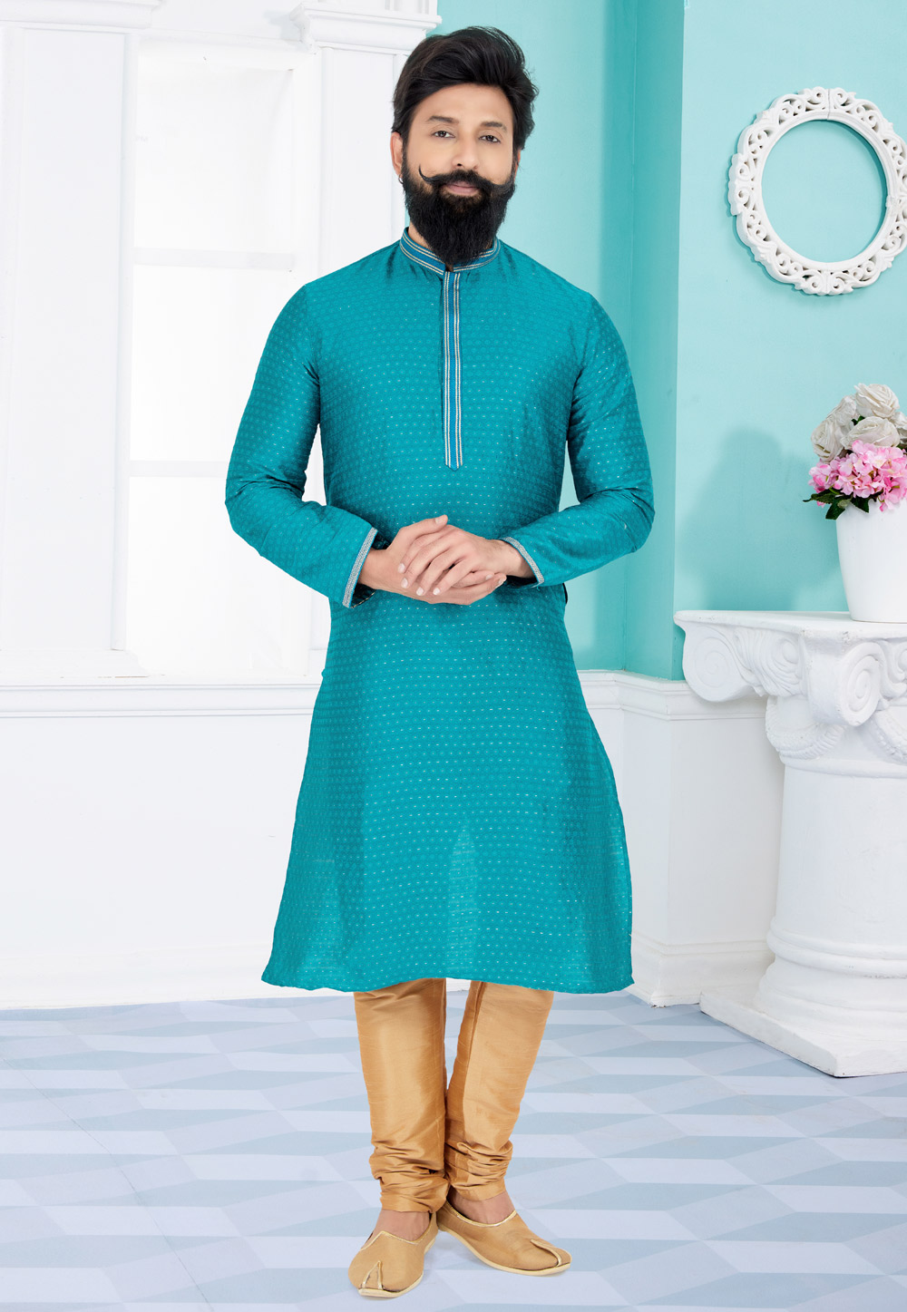 Turquoise Cotton Jacquard Kurta Pajama 259473