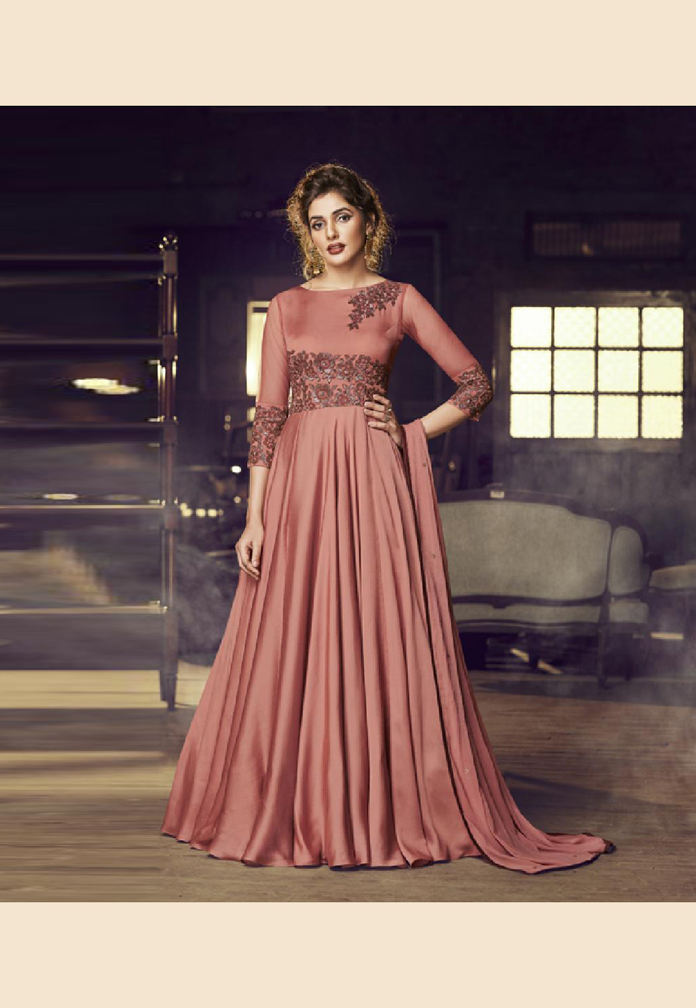 Rust Satin Readymade Abaya Style Anarkali Suit 196077