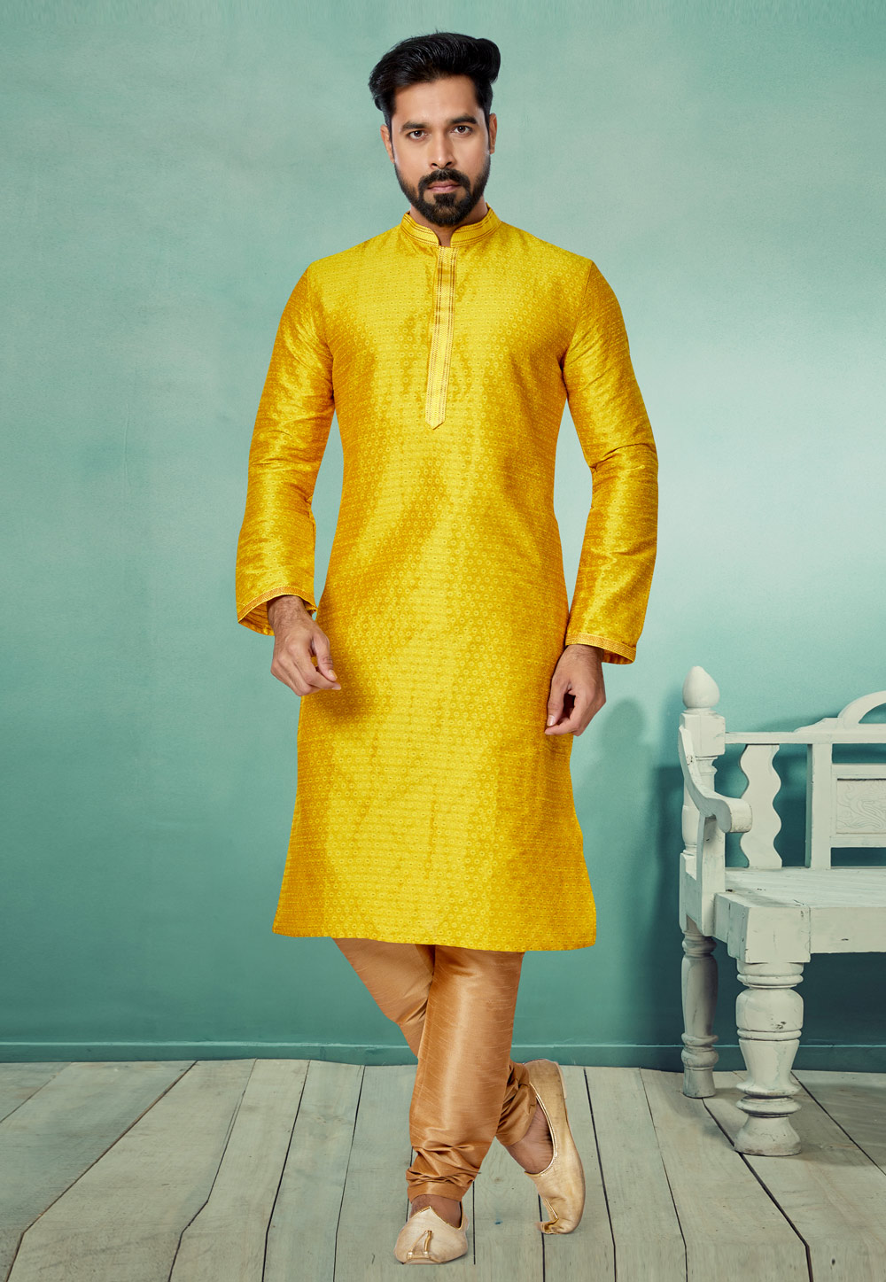 Yellow Cotton Jacquard Kurta Pajama 259482