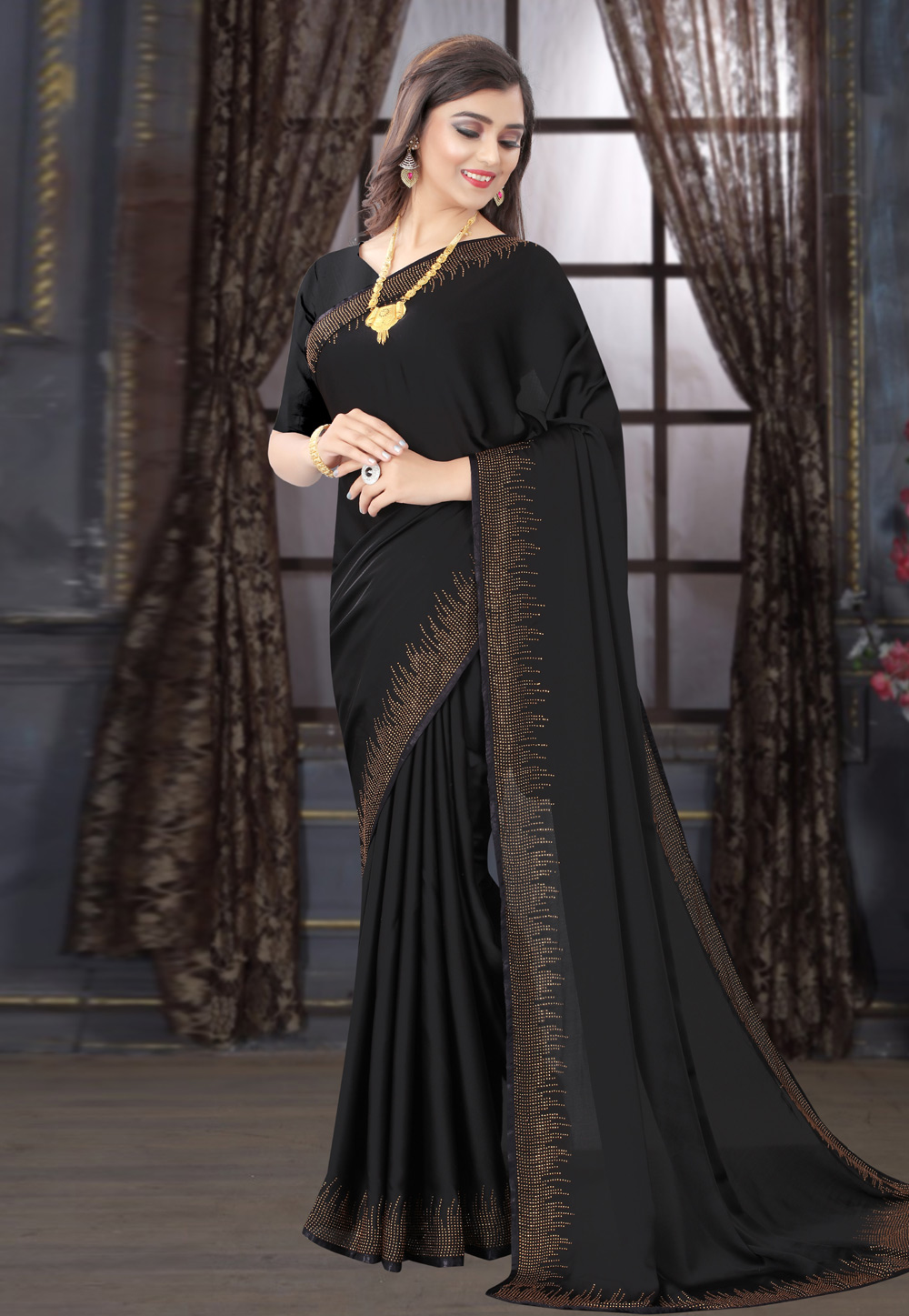 Black printed satin saree with blouse - Grootinn - 3804054