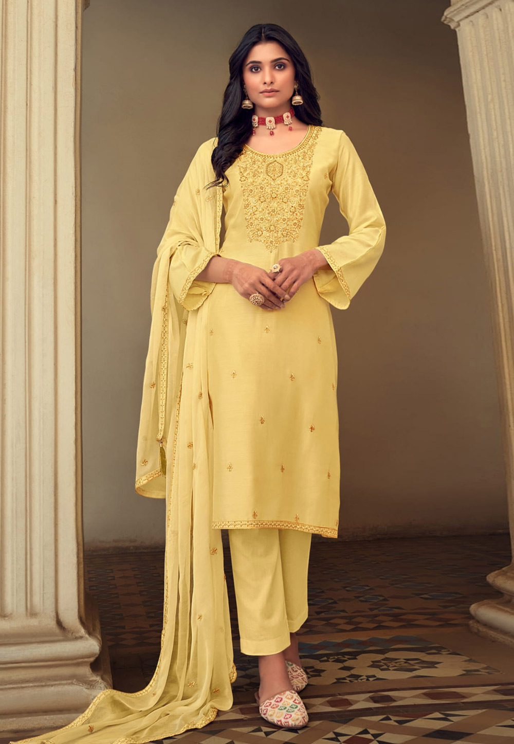 Yellow Muslin Pant Style Suit 242694