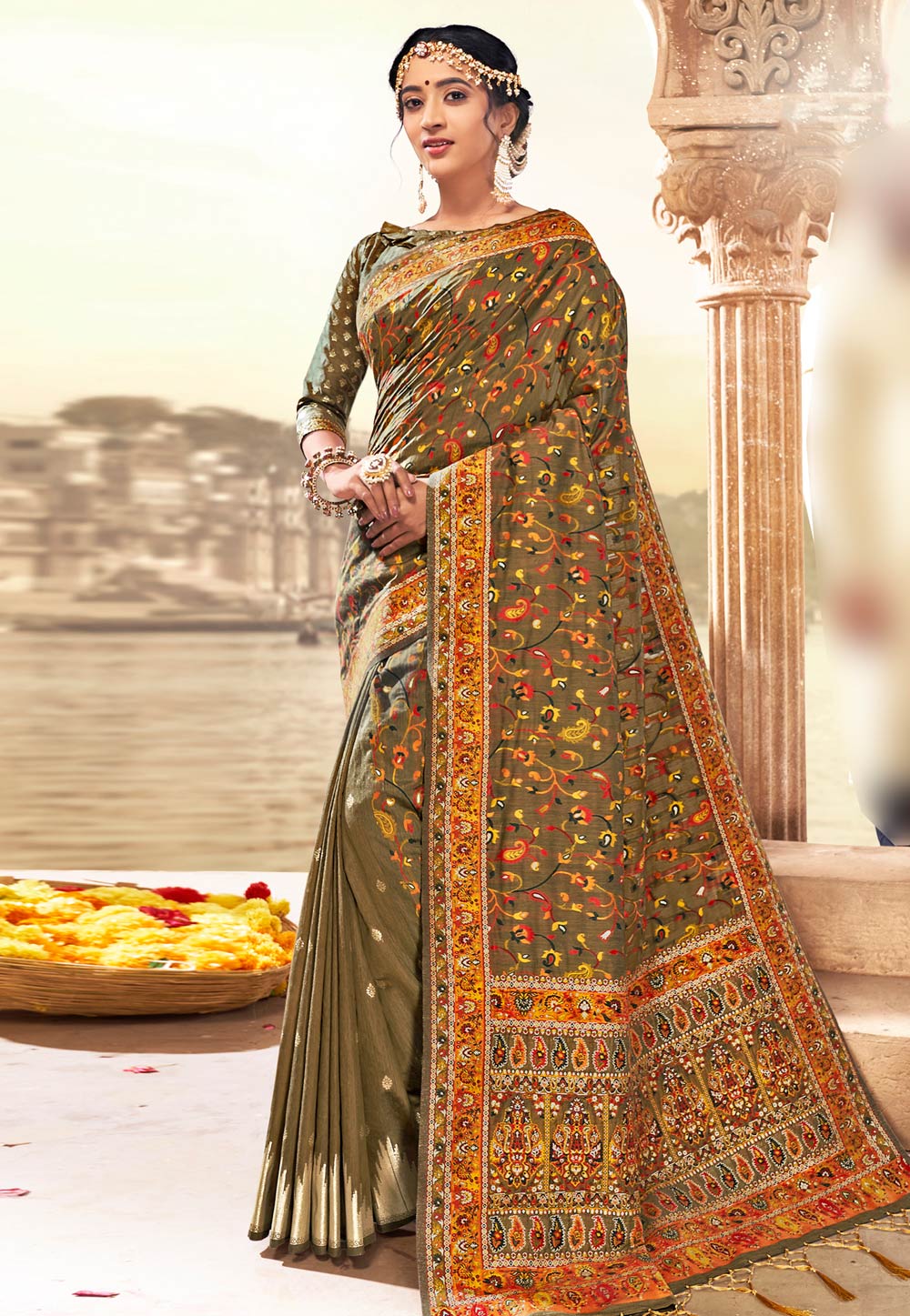 Mehndi Banarasi Silk Saree With Blouse 213667