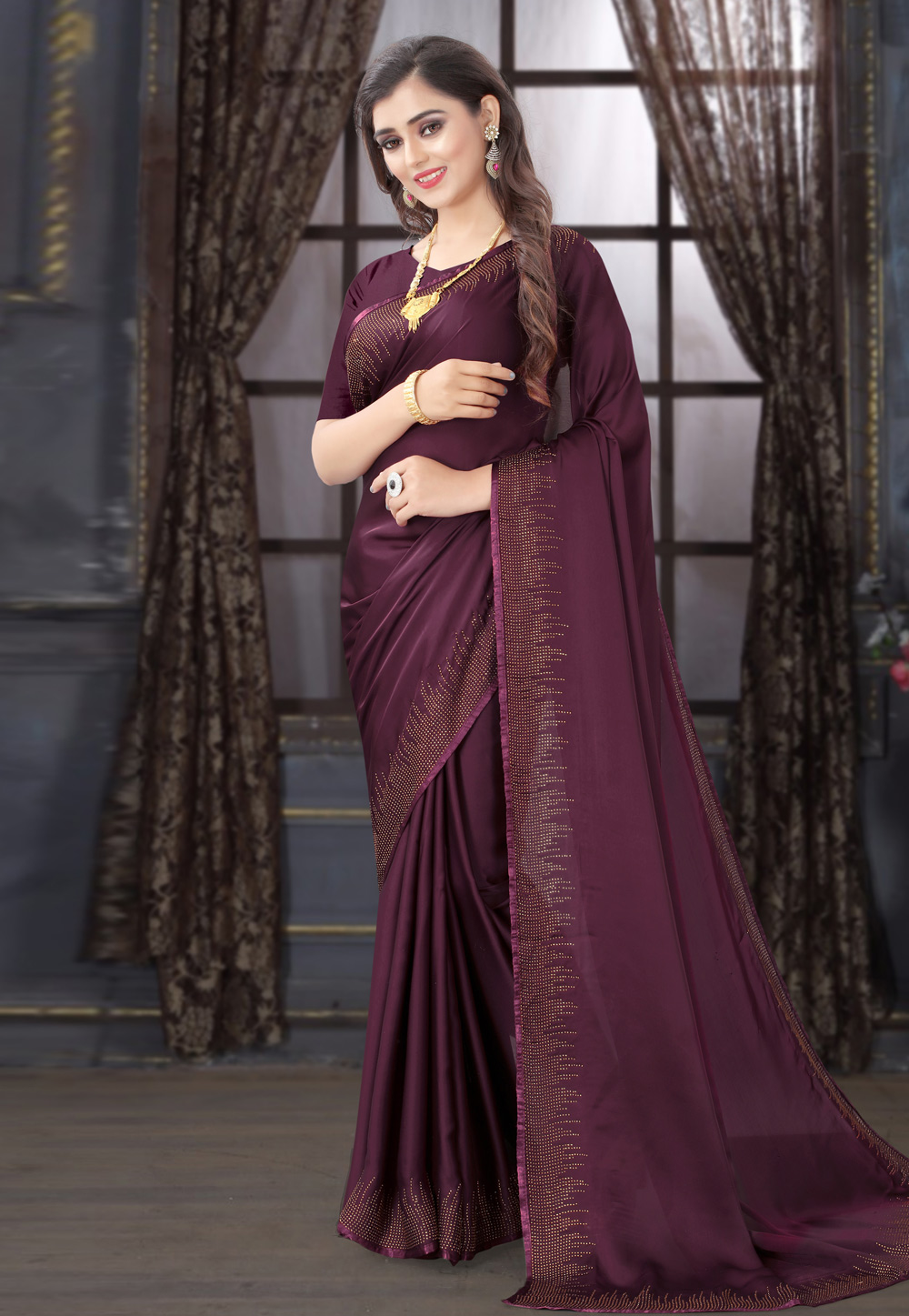 Purple Satin Saree With Blouse 221022