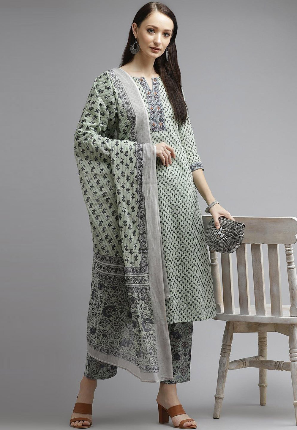 Sea Green Cotton Readymade Kameez With Pant 238160