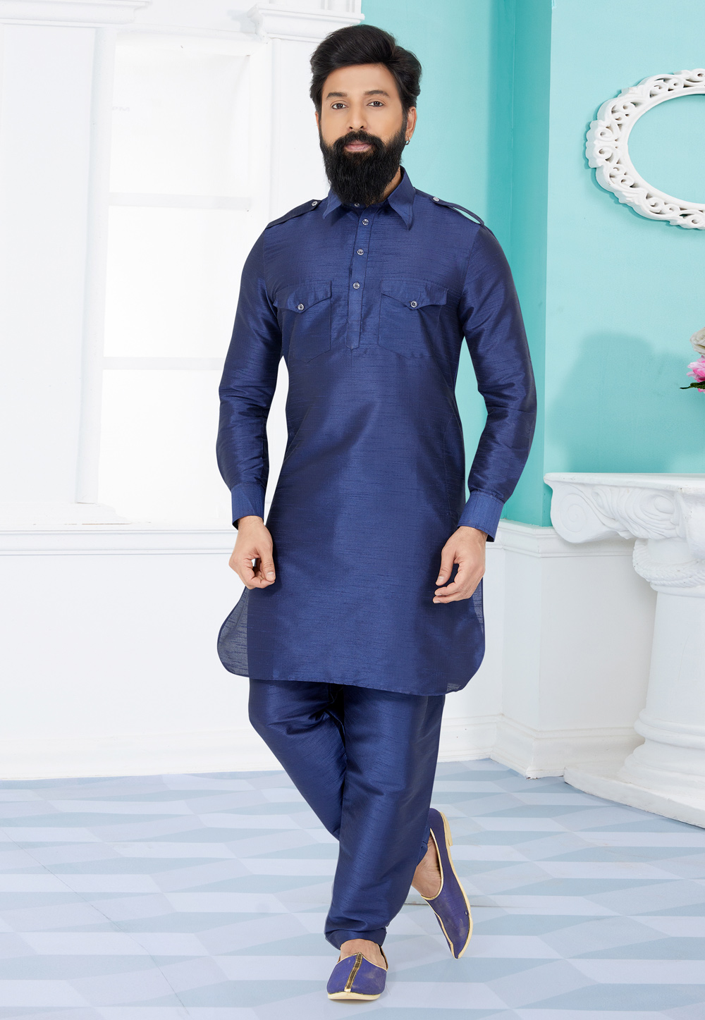 Navy Blue Banarasi Silk Readymade Pathani Suit 259557
