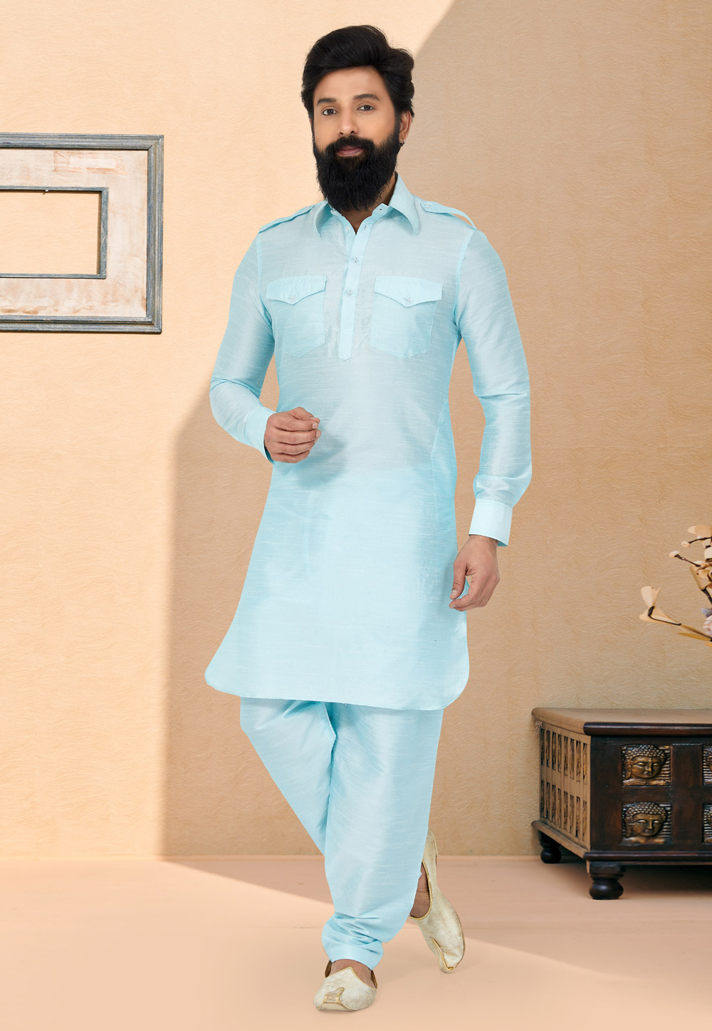 Sky Blue Banarasi Silk Readymade Pathani Suit 259558