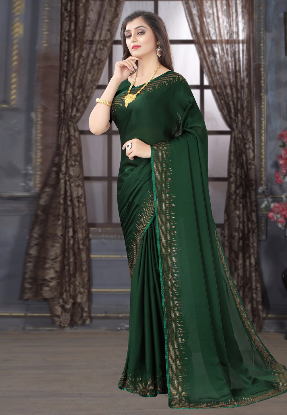 Green Satin Saree With Blouse 221026