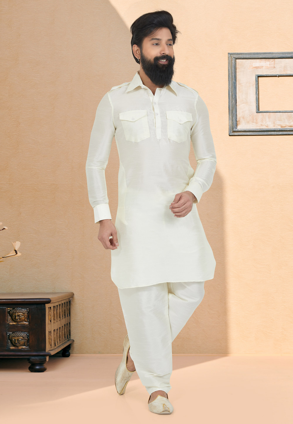 Off White Banarasi Silk Readymade Pathani Suit 259559