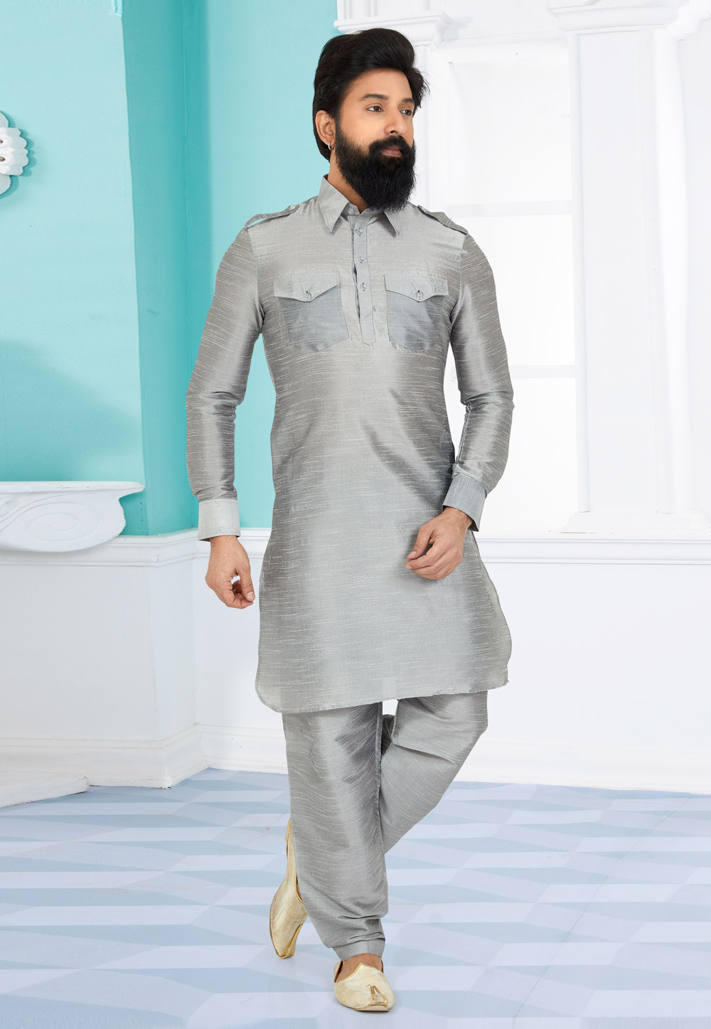 Grey Banarasi Silk Readymade Pathani Suit 259560