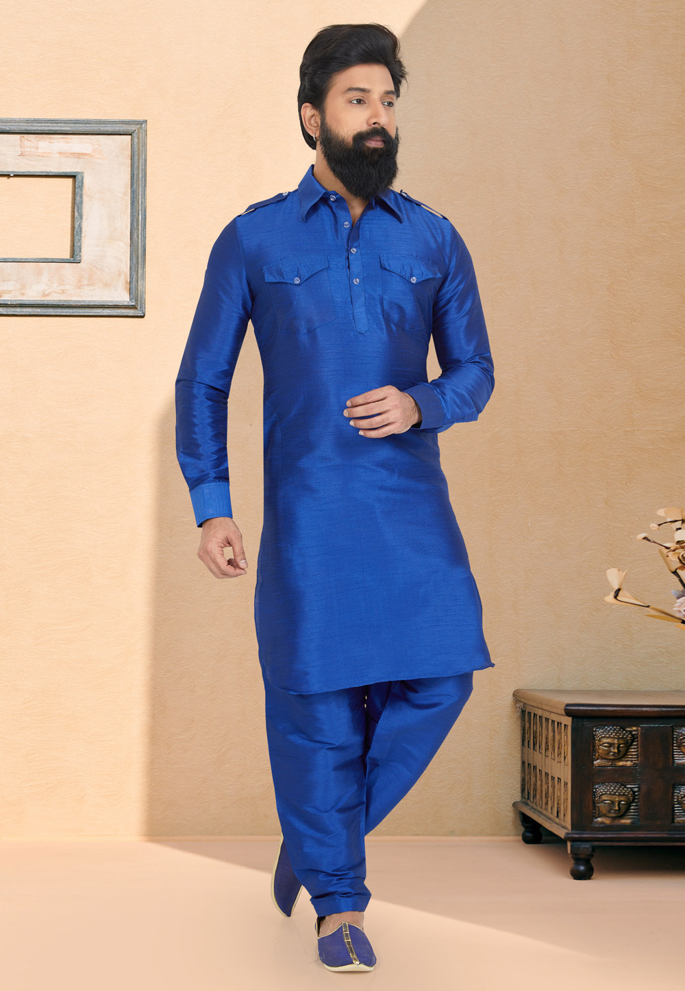 Blue Banarasi Silk Readymade Pathani Suit 259561