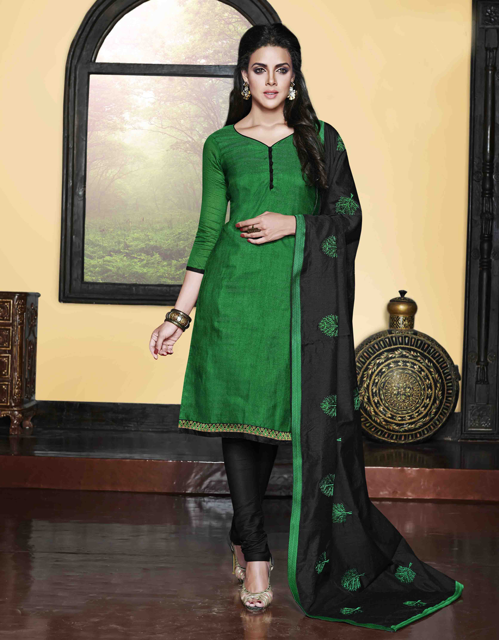 Green Chanderi Silk Churidar Suit 48512