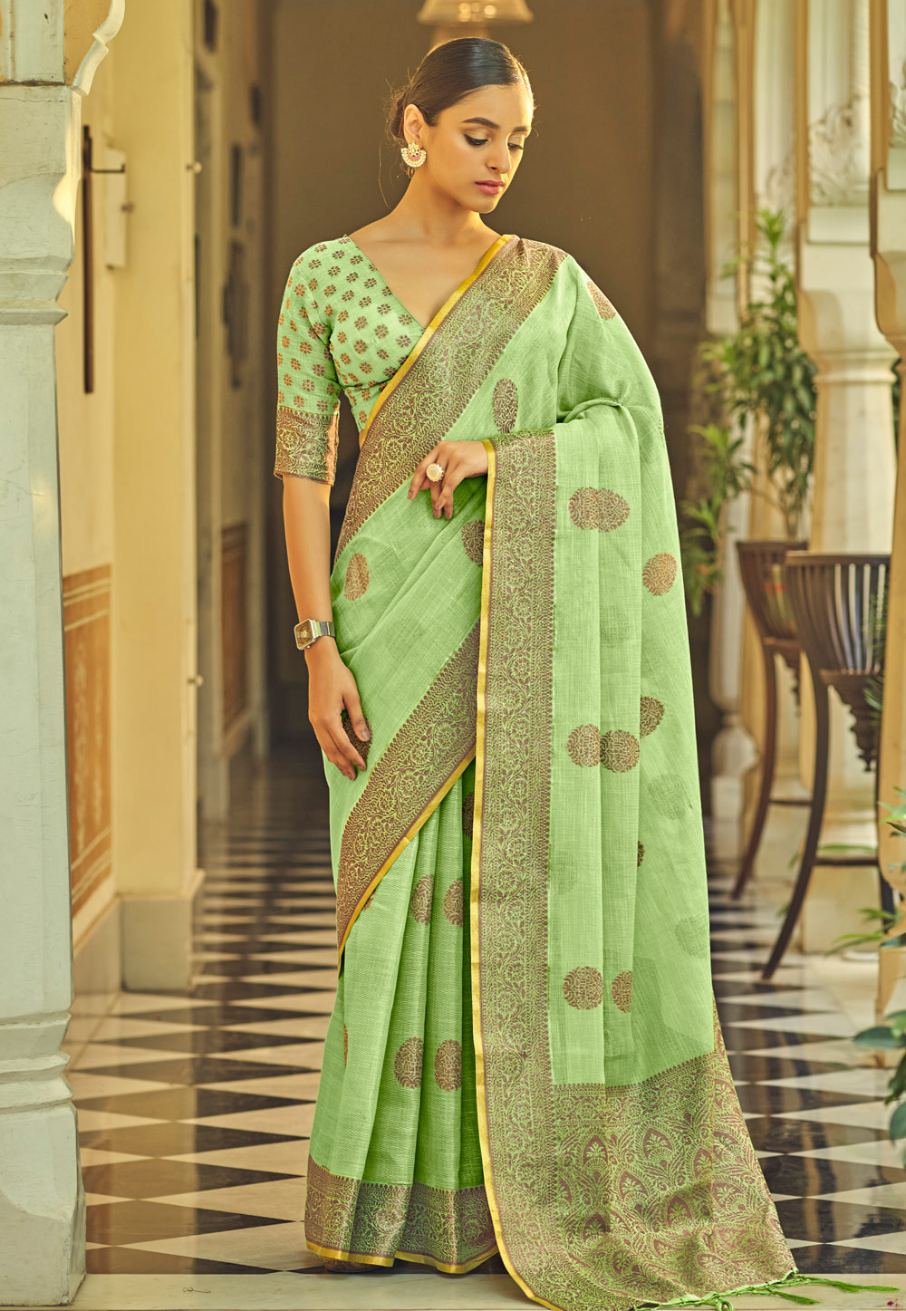 Light Green Tissue Silk Saree With Blouse 246225